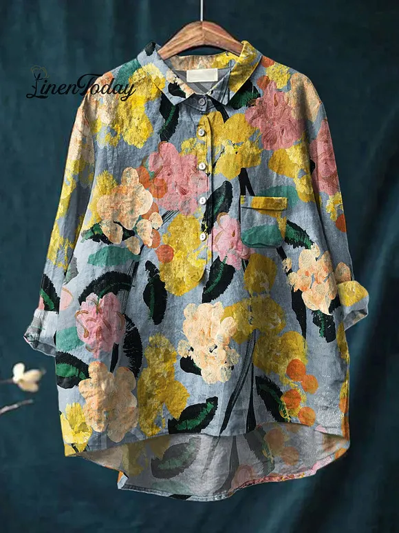 Women's Multicolor Floral Art Print Casual Cotton And Linen Shirt