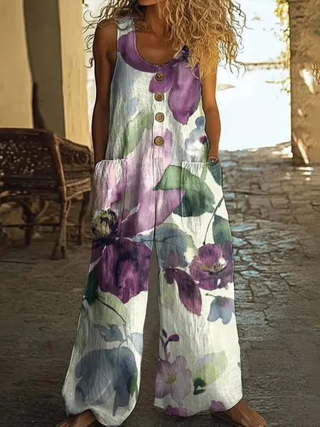 Women's Vintage Flower Print Casual Cotton And Linen Loose Straight-leg Wide-leg Pants