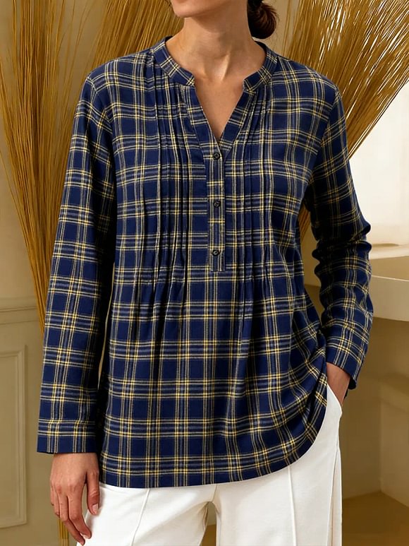 Women's Plaid Print V-neck Long-sleeved Casual Loose Cotton Linen Top