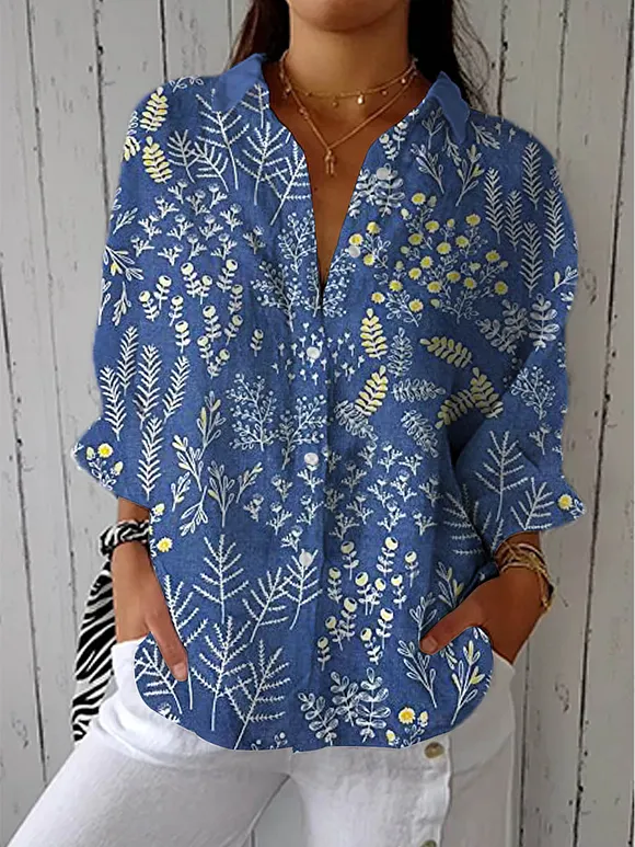 Women's Vintage Floral Art Print Casual Cotton Linen V-neck Shirt