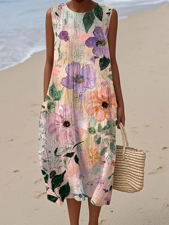 Women's  Vintage Floral Art Print Sleeveless Cotton Pocket Wrap Dress
