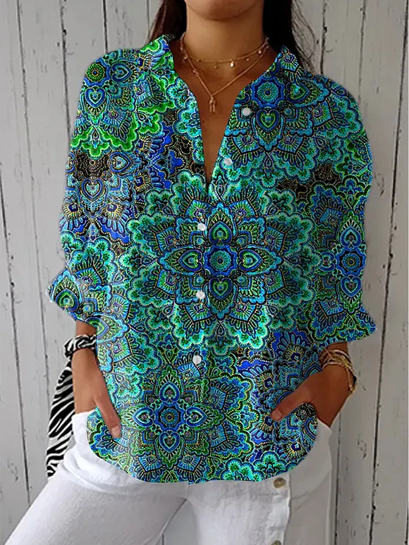 Women's Vintage Boho Art Print Casual Cotton Linen V-neck Shirt