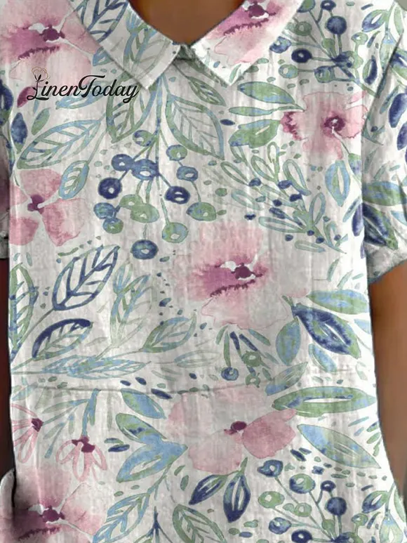 Women's Vintage Floral Art Print Casual Cotton And Linen Shirt