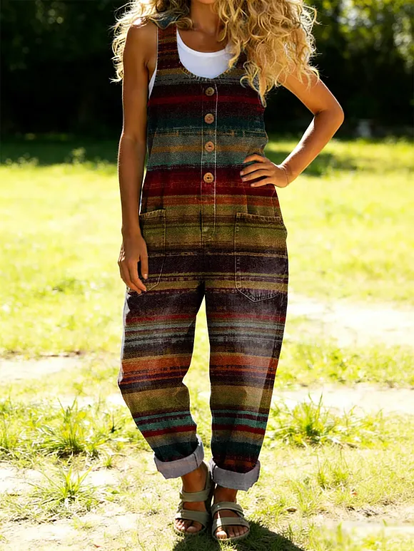Women's Vintage Colorful Striped Decorative Pattern Casual Cotton Denim Jeans Jumpsuit
