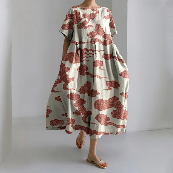Japanese Art Cloud Print Loose Casual Midi Dress