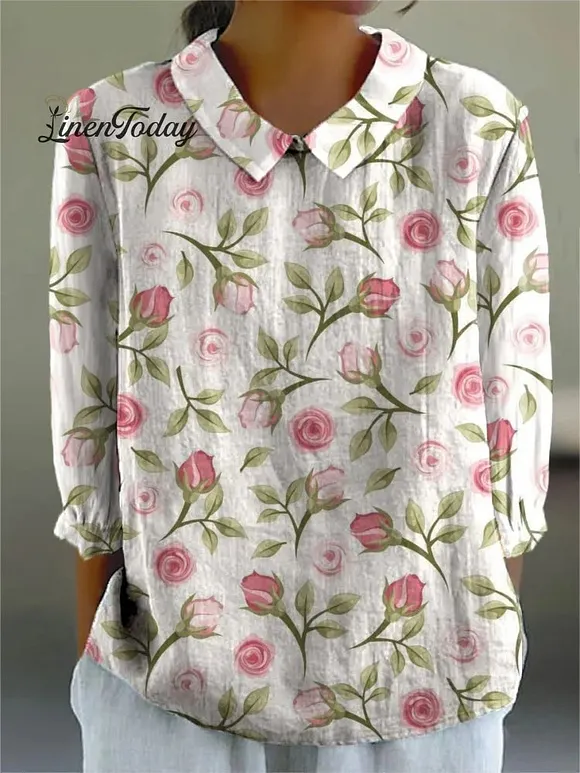 Women's Rose Print Casual Cotton And Linen 3/4 Sleeve Shirt