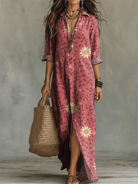 Women's Flower Print Casual Solid-color Linen-cotton Dress