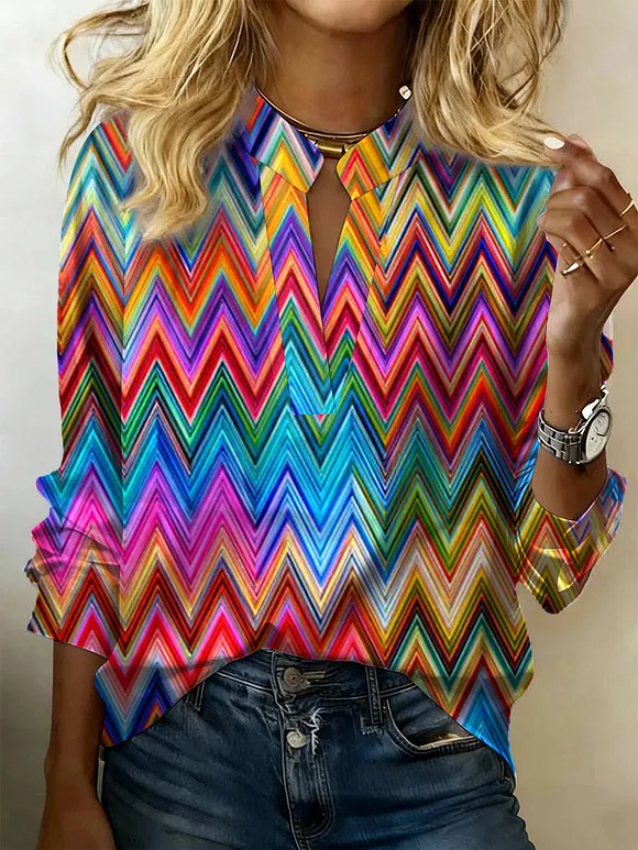 Women's Colored Geometry Print V-neck Casual Cotton Shirt
