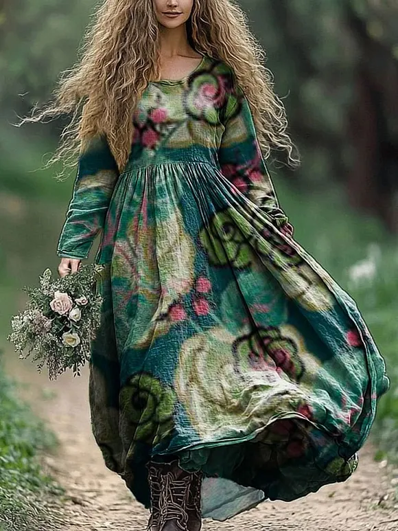 Women's Vintage Floral Artwork Print Cotton Pocket Dress