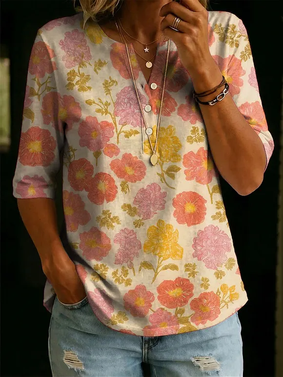 Women’s Floral Pattern Art Casual Classic Henley Collar 100% Cotton T-shirt