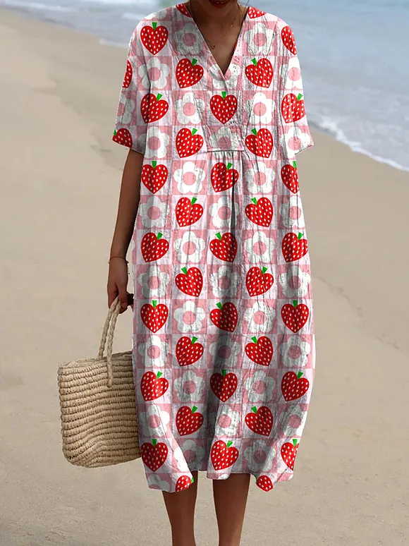 Lovely Strawberry & Floral Pattern Printed Women's Flowy Dress