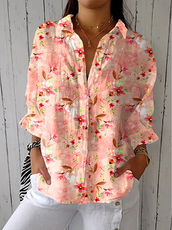 Women's Vintage Flower Art Print Casual Linen V-neck Shirt