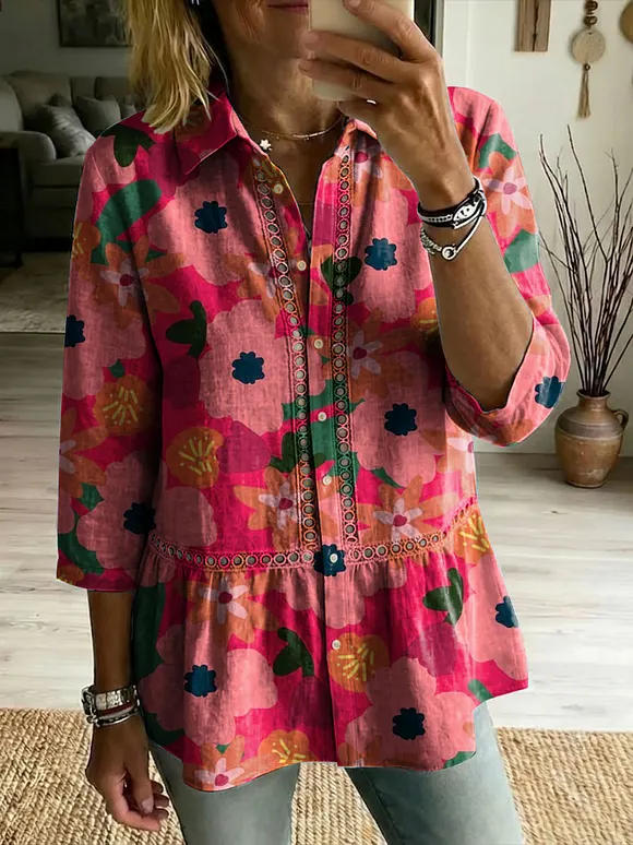 Floral Flowers Art Patterns Casual Patchwork Openwork Webbing Linen And Cotton Shirt