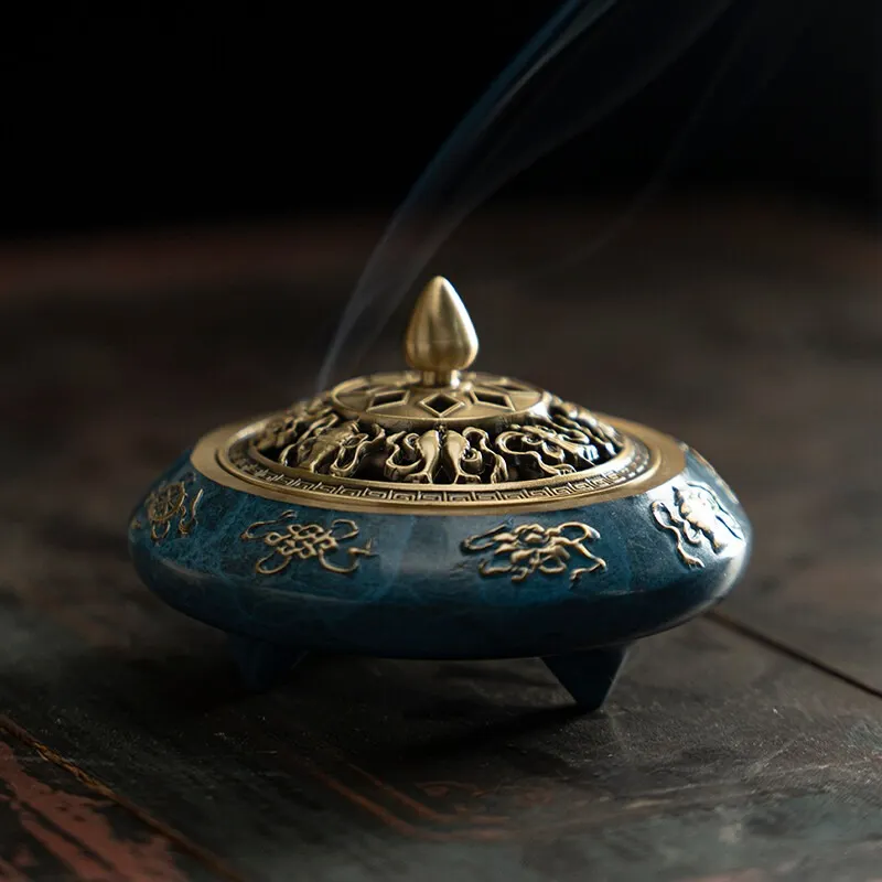 NingNatural Auspicious Symbol Tripod Censer - Brass Openwork Lid & Gold Relief 5