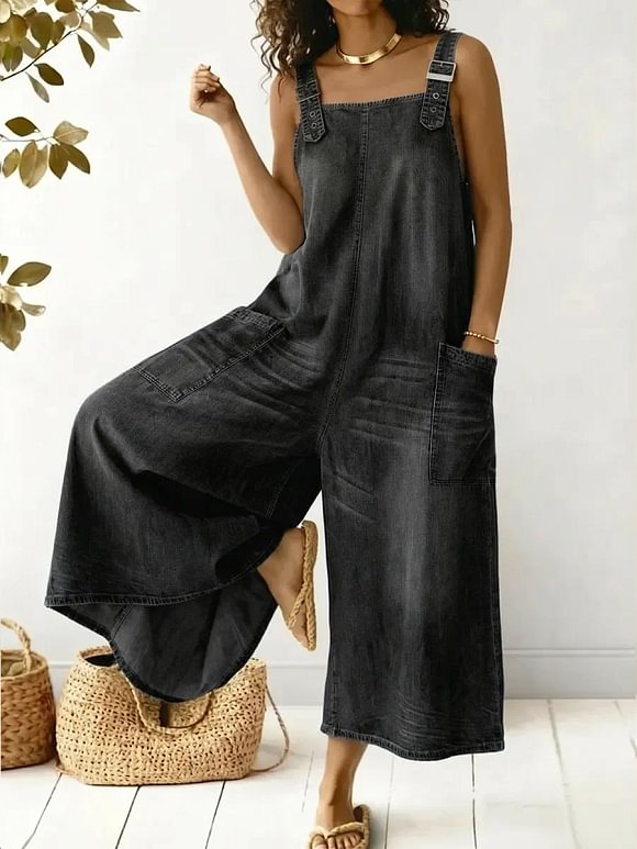 Women's Casual Denim Cotton Jumpsuit With Adjustable Straps