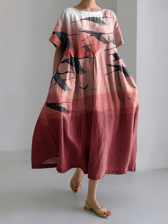 Retro Flying Bird Landscape Print Japanese Art Cozy Linen Blend Dress