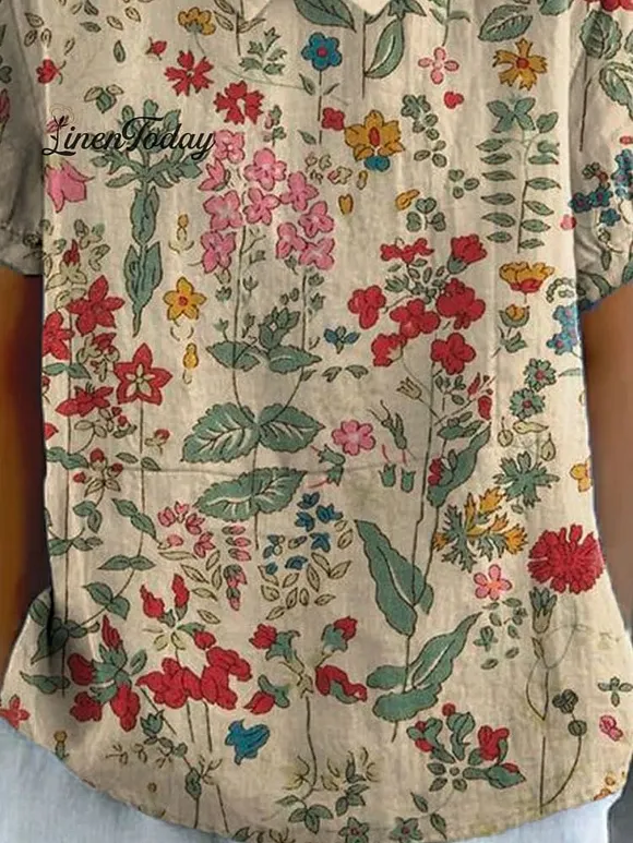 Women's Vintage Floral Art Print Casual Cotton And Linen Shirt