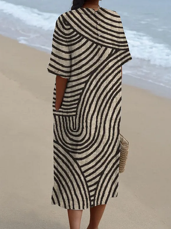 Women's Retro Hand Drawn Geometric Line Print Pocket Linen Dress（Convertible Dress With Front And Back Option）