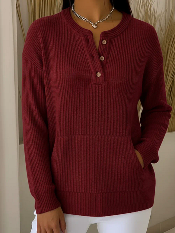 Casual Henley Collar Button Pocket Knit Pullover