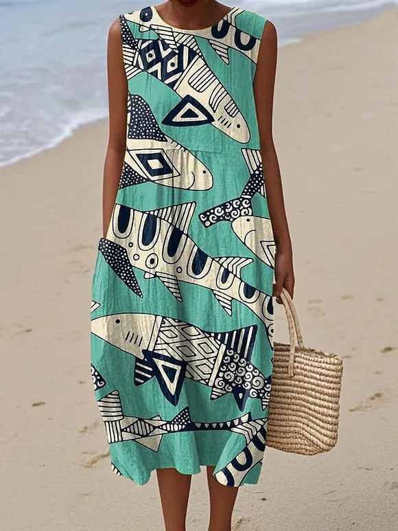 Women's Lovely Fish Pattern Art Print Sleeveless Cotton Pocket Wrap Dress