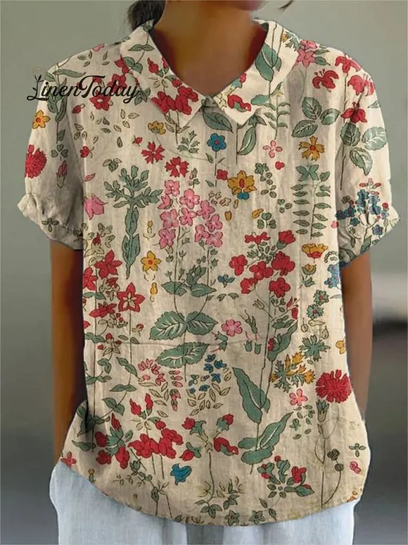 Women's Vintage Floral Art Print Casual Cotton And Linen Shirt