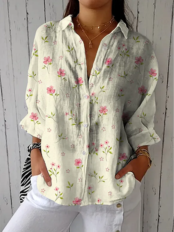 Women's Lovely Floral Art Print Casual Cotton Linen V-neck Shirt