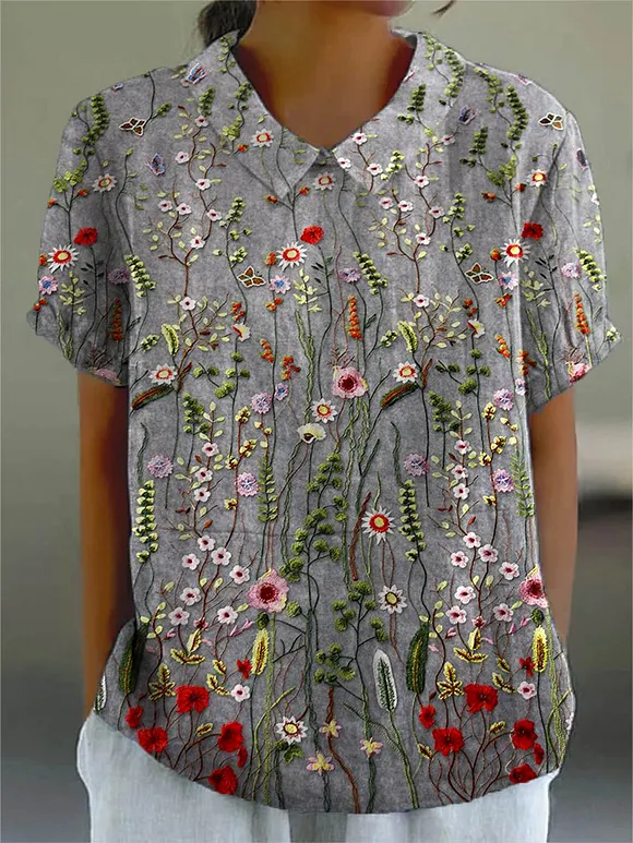 Women's Vintage Floral Pattern Art Print Casual Cotton And Linen Shirt