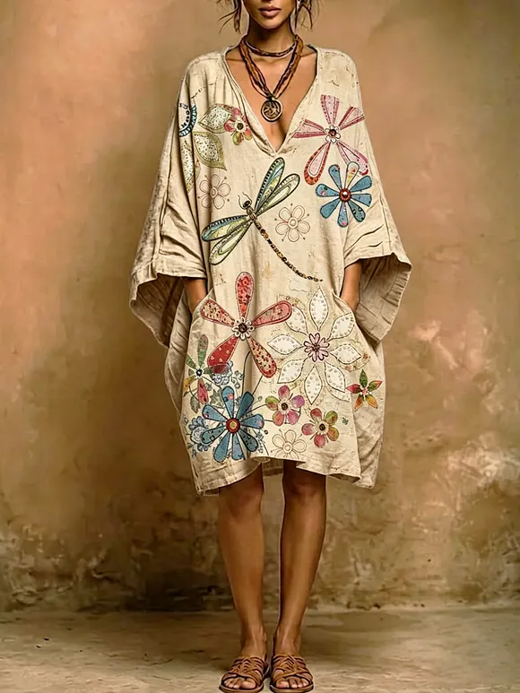 Retro Dragonfly & Floral Print Cotton-linen Loose V-neck Dress