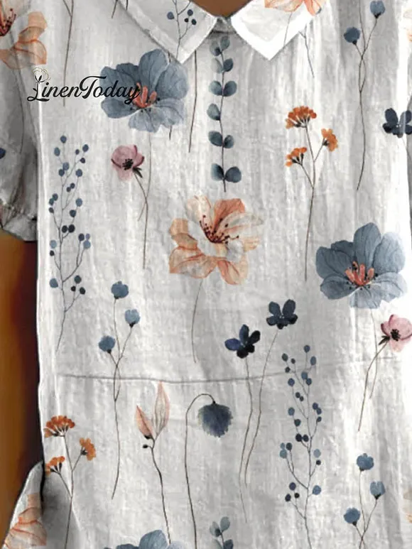 Women's Vintage Floral Art Print Casual Cotton And Linen Shirt