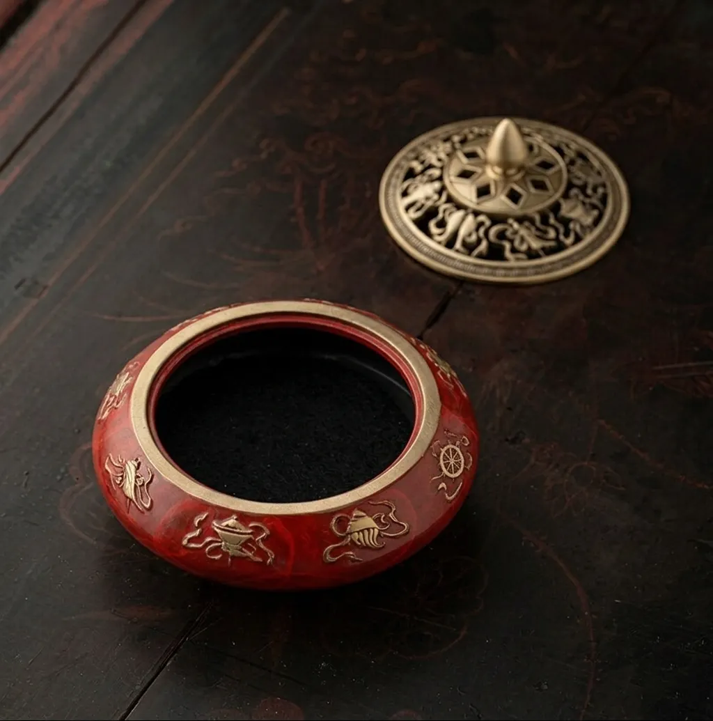 NingNatural Auspicious Symbol Tripod Censer - Brass Openwork Lid & Gold Relief 8