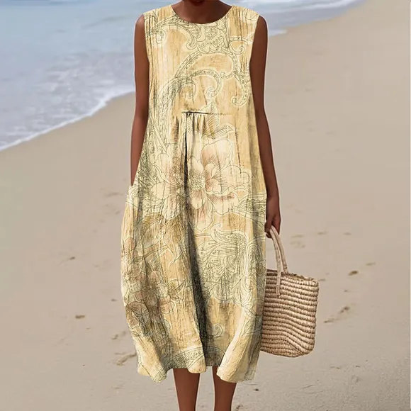 Women's Vintage Floral Pattern Art Print Sleeveless Cotton Pocket Wrap Dress