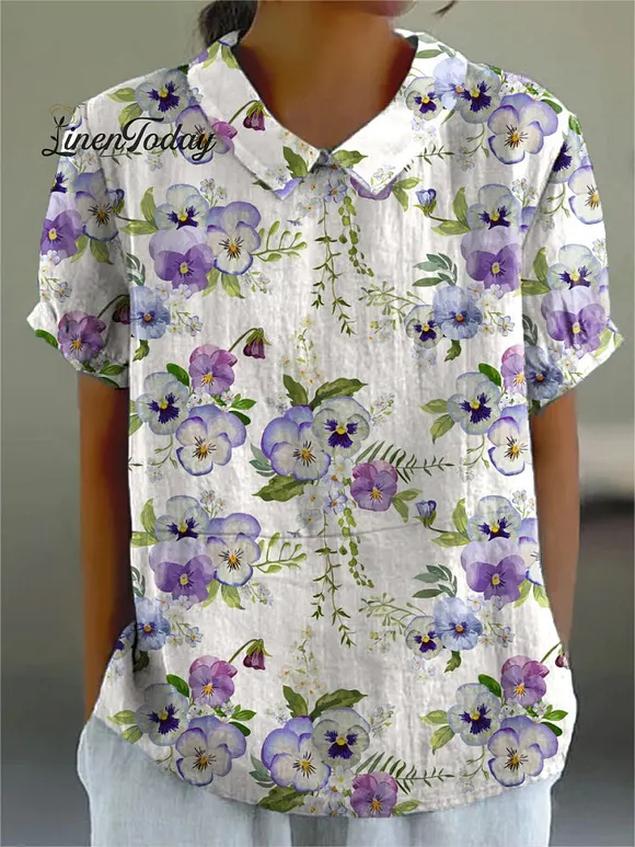 Women's  Flower Print Casual Cotton And Linen Shirt