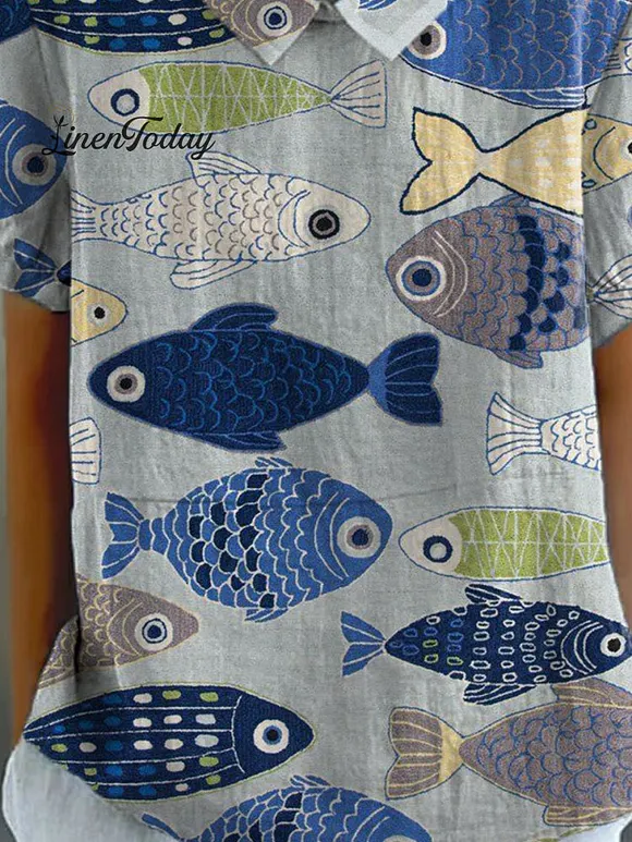 Women's Vintage Lovely Fish Art Print Casual Cotton And Linen Shirt