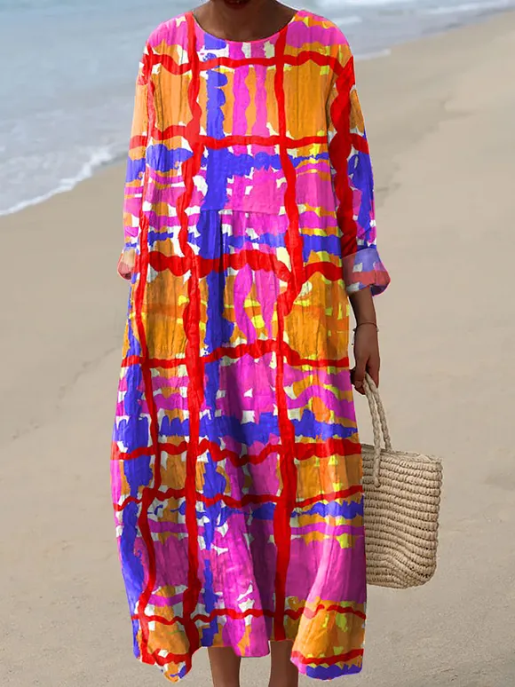 Women's Vintage Plaid Abstract Art Print Casual Dress