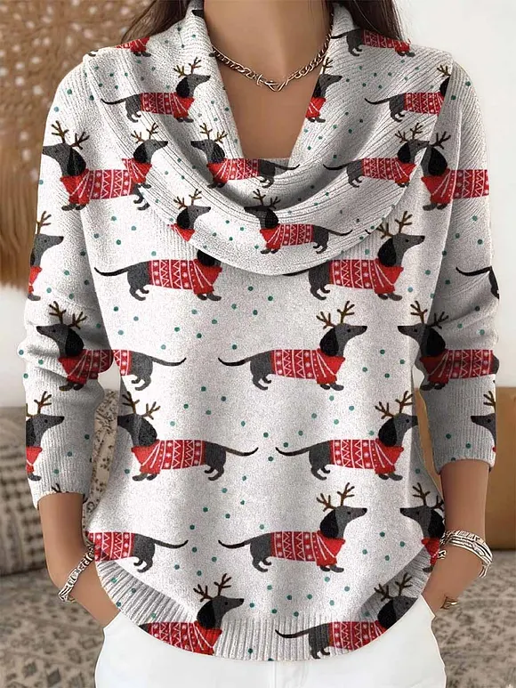 Women's Retro Christmas Sausage Dog Pattern Long Sleeve Sweater