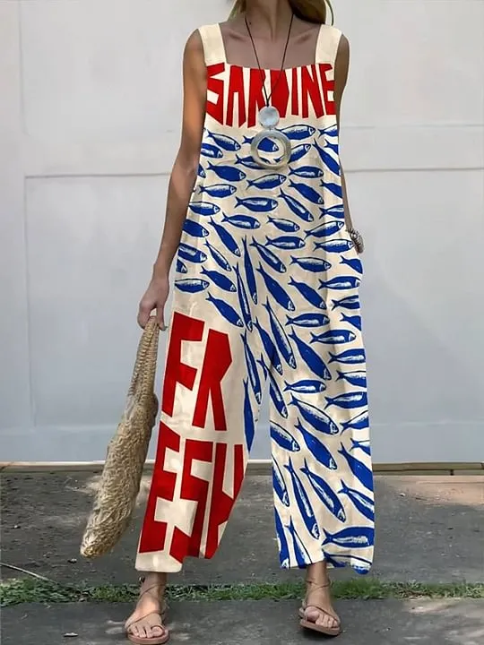 Women's Vintage Fish Sardines Art Print Casual 100% Cotton Wide Leg Jumpsuit