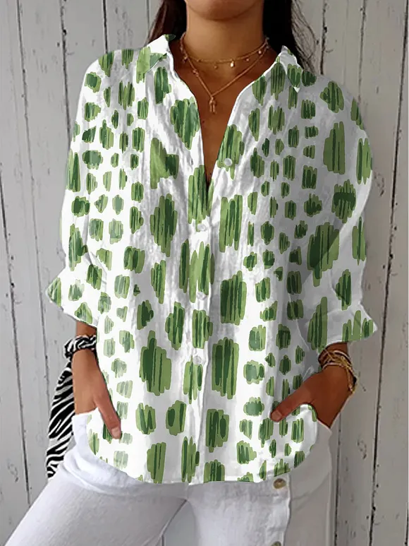 Women's Simple Graffiti Art Print Casual Linen V-neck Shirt