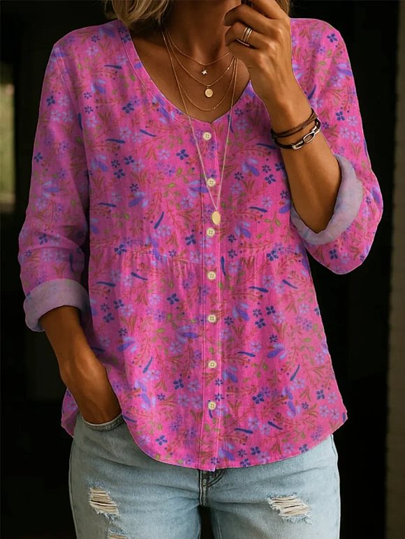 Women's Floral Pattern Art Print Casual Cotton Shirt