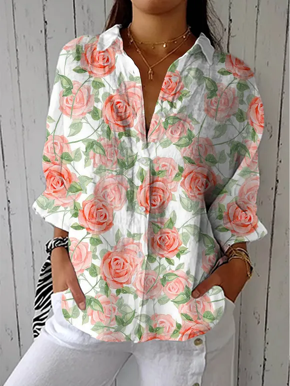 Women's Lovely Floral Art Print Casual Cotton Linen V-neck Shirt
