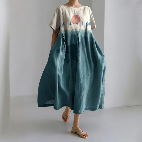 Japanese Art I Like A Bird Whale Art Print Painting Print Linen Blend Dress