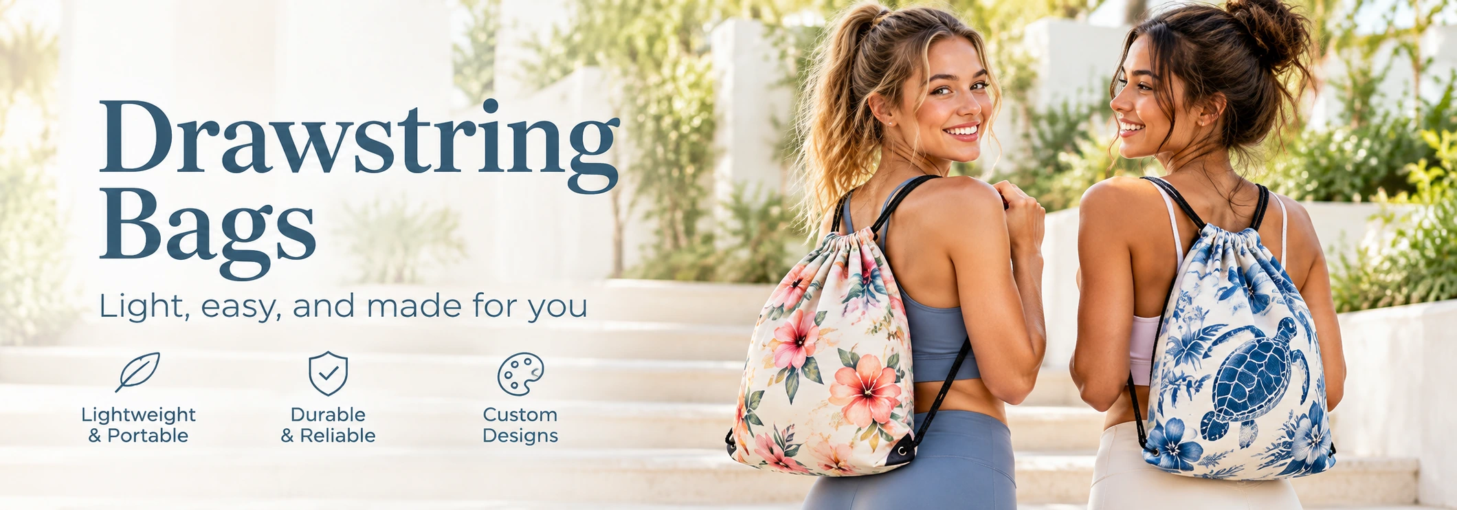Personalized drawstring bags banner with two women carrying custom printed cinch bags outdoors