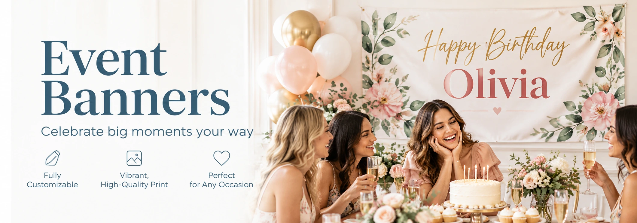 Custom event banners banner featuring a personalized birthday backdrop in a bright celebration scene