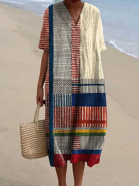 Retro Cotton Dress with Geometric Line Art Detailing