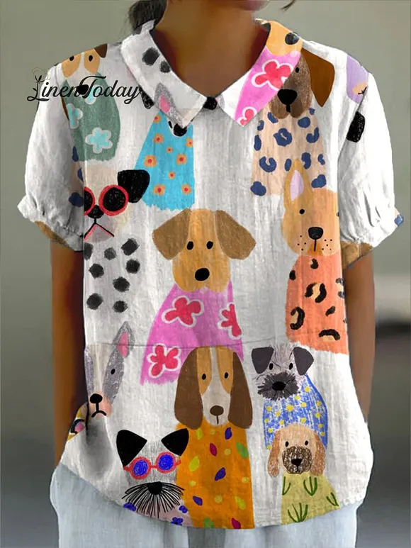 Women's Colorful Cartoon Puppy Print Casual Cotton And Linen Shirt