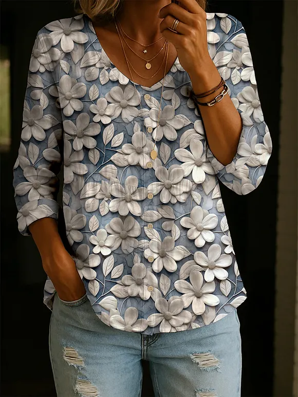 Women's Flower Pattern Art Print Casual Cotton Shirt