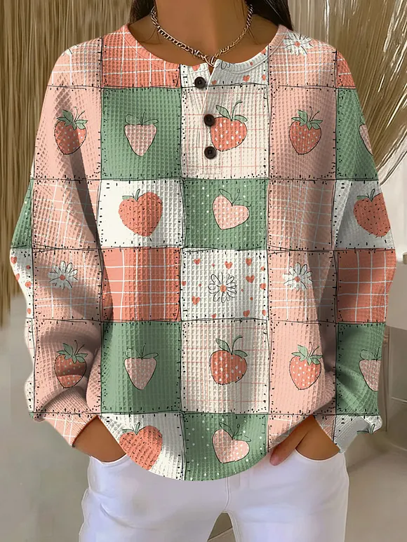 Women's Retro Plaid Strawberry Pattern Art Print Casual Cotton Shirt