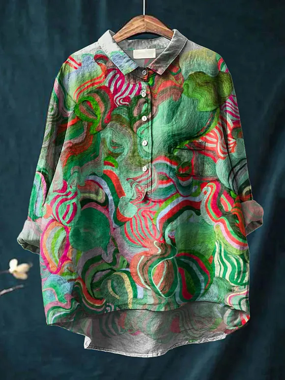 Women's Abstract Pattern Art Print Casual Cotton And Linen Shirt