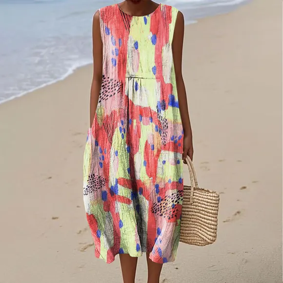 Women's Colorful Abstract Texture Art Print Sleeveless Cotton Pocket Wrap Dress