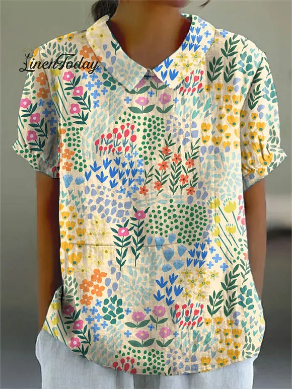 Women's Flower Art Print Casual Cotton And Linen Shirt