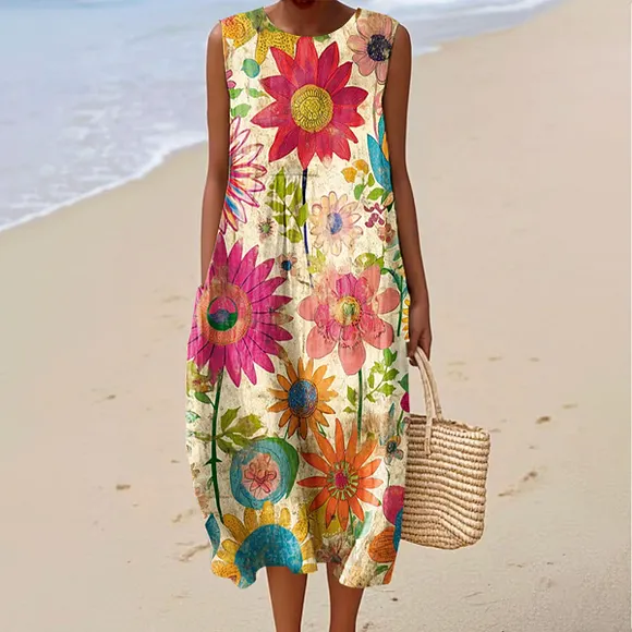 Women's Vintage Flowers Art Print Sleeveless Cotton Pocket Wrap Dress